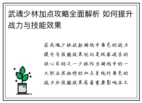 武魂少林加点攻略全面解析 如何提升战力与技能效果